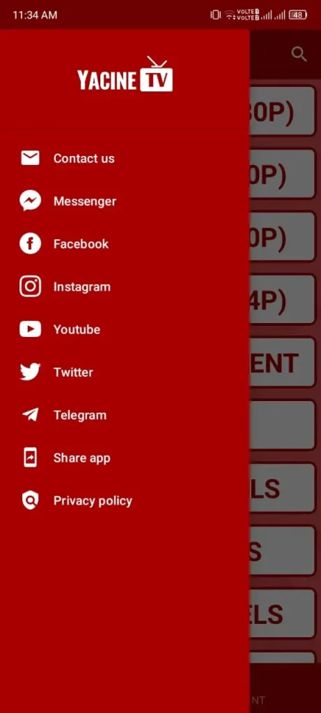 Yacine TV APK Main Menu